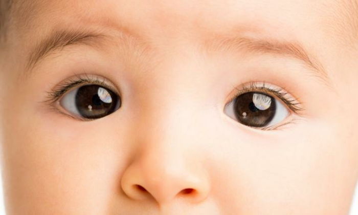 Det här barnets ögon är lika stora som hans själ. Stora bruna ögon. Bra bebis. Skönhet