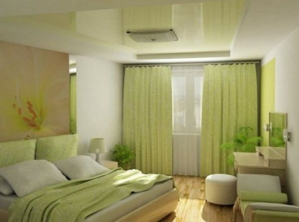 zelená-spálňa-záclony-pohodlné posteľ s vankúšmi