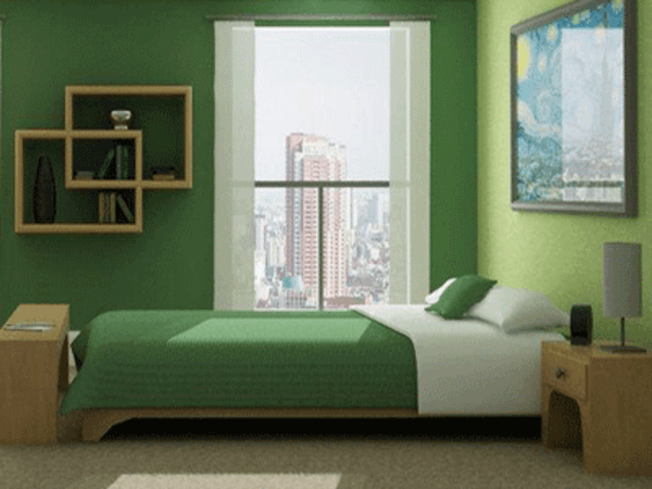 grønn-vegg-farge-for-soverom-originale hyller på veggen og moderne seng