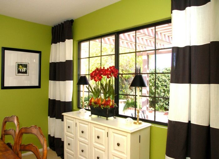 zielony kolor ściankami kurtyny-in-biało-czarnego w-diningroom