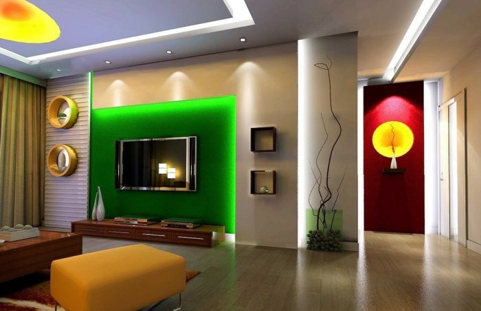 Yeşil duvar renk ilginç ışıklandırma-in-oturma odası
