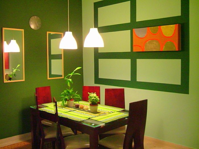 Yeşil duvar renk küçük güzel model bazında yemek odası