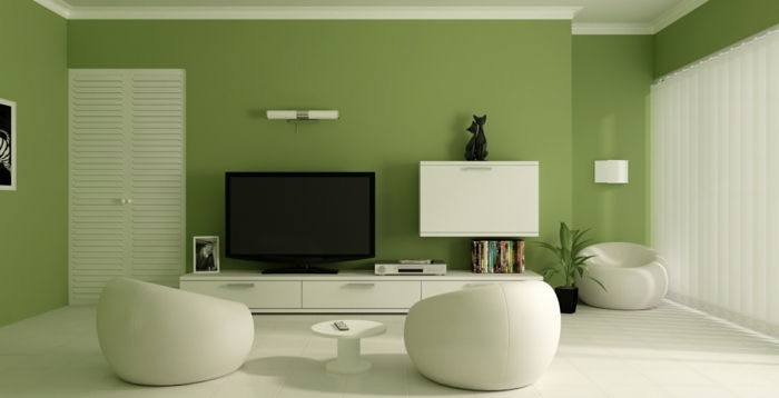 zielona ściana koloru nowoczesne meble-w-pokojem dziennym