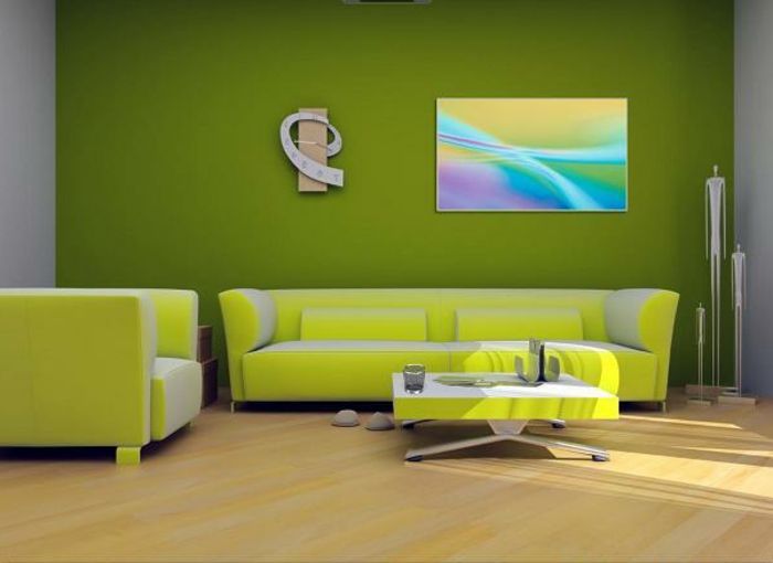 grønn vegg farge-chic sofaer og-bilde-til-vegg-i-stua