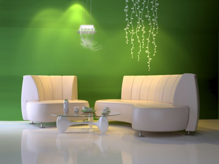 Kolor zielony-ściana-biało-chair-in-pokojem dziennym