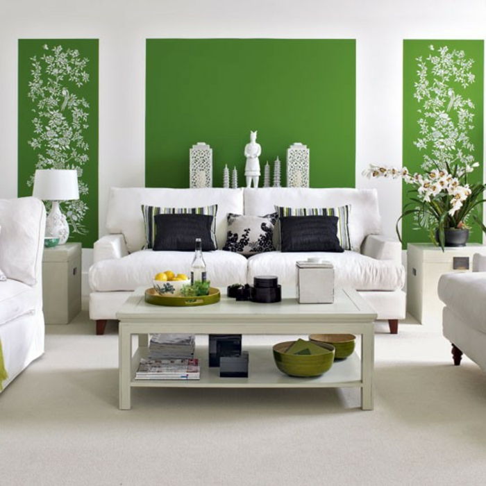 Yeşil duvar rengi beyaz-divan-in-oturma odası
