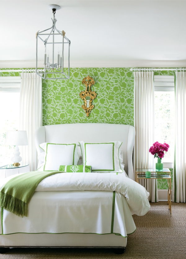 zelena stena načrtovanje za spalnico-z-belo-posteljne