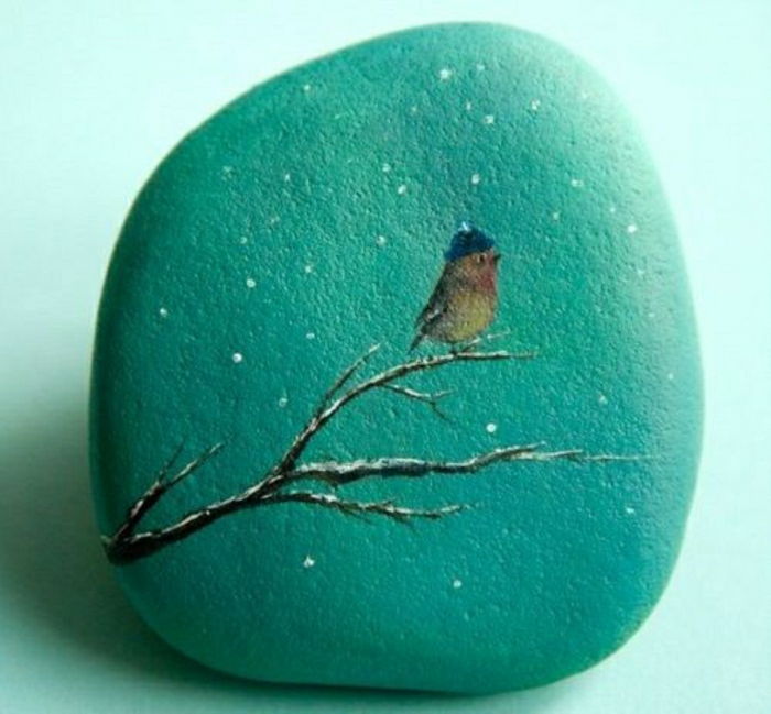 Grön sten Drawing Bird Hat-road Snowflakes-art handmålade