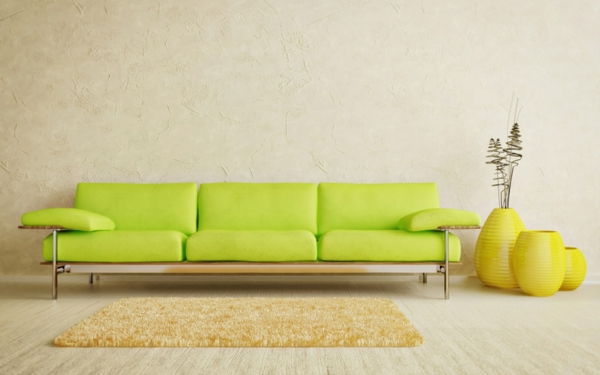 canapea verde covor galben în cameră