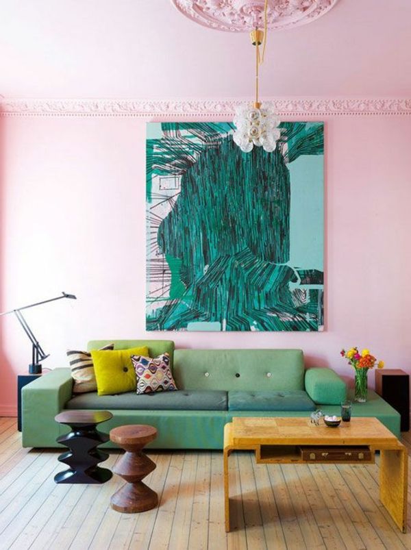 zelena kavča dnevna soba-ideje-zidna barva-dnevna soba-sten-design-dnevna soba