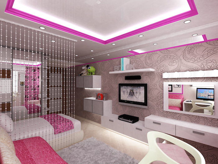 Meninas sala de jovens um mobiliário de design legal e mobília iluminação prateleiras de televisão tapete