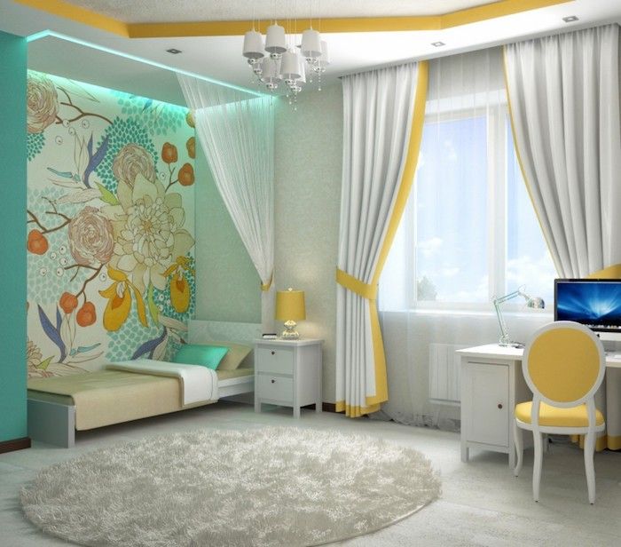quarto da juventude forma sala cinza com decorações bluen e verde cadeira amarela mesa do computador na janela cortinas branco amarelo