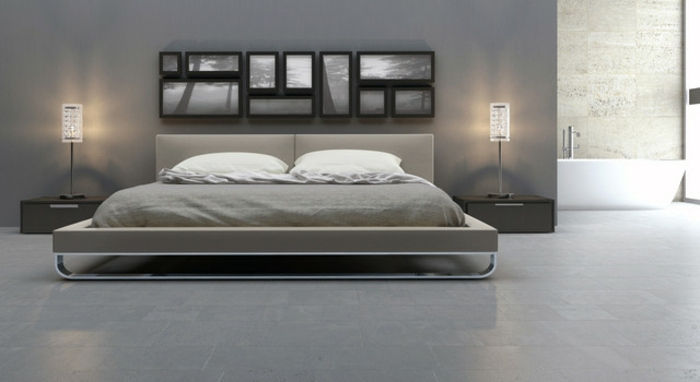 šedo-farebné steny spálne, moderný design-krásne osvetlenie