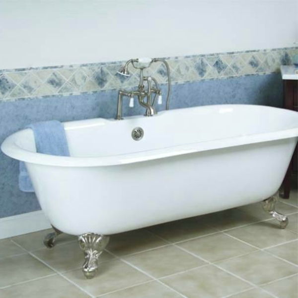 stort frittstående badebad design i hvitt og blått