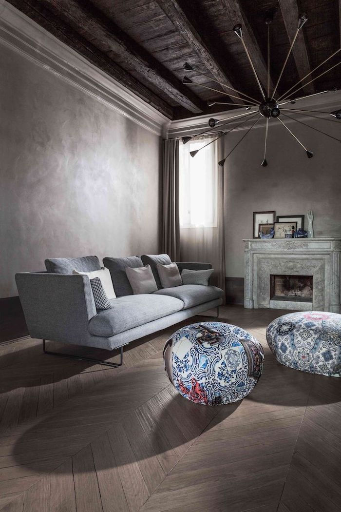 golv kudde stora idéer färgglada sittkuddar grå soffa spis spis idé lampa design