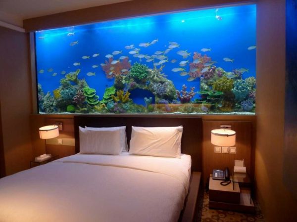 stort akvarium saltvann i soverommet bak sengen