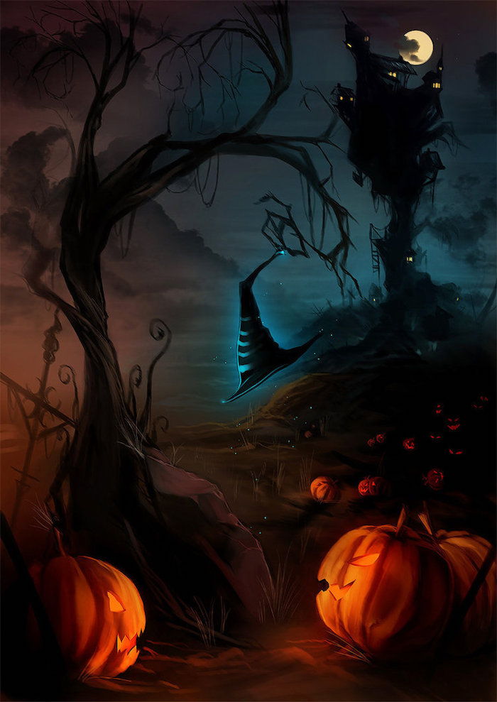 Halloween pozadia neviditeľná čarodejnica chodí cesta Jack O.'Lantern beleuchtet 