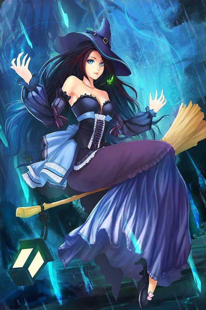 Imagens de Halloween de uma bruxa voando através de uma vassoura à noite antes de todos os Santos dia