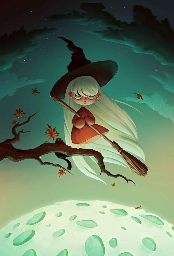 cabelo branco de uma pequena bruxa com vassoura e um chapéu de bruxa preta - fotos de Halloween