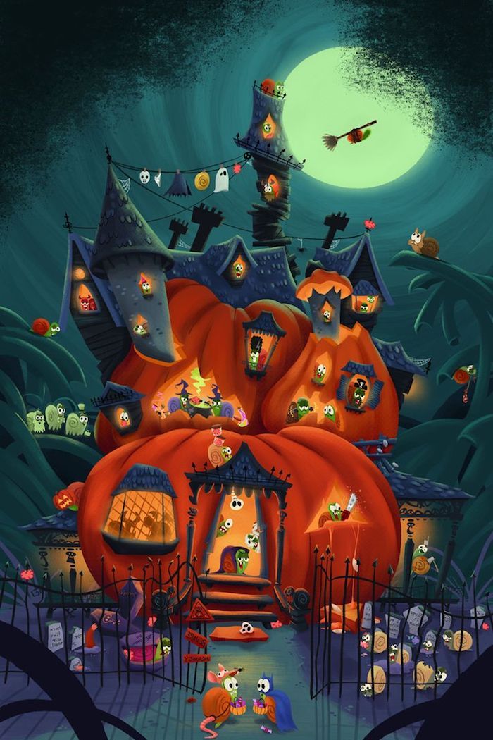 een pompoen waar kleine slakken leven en zich verkleden voor Halloween - foto's voor Halloween