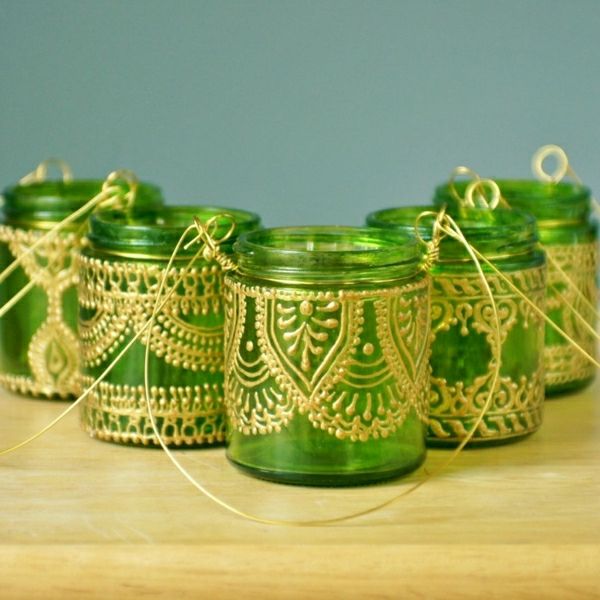 hängande-citron grön mini Ljusstake golden henna dekoration marockansk stil
