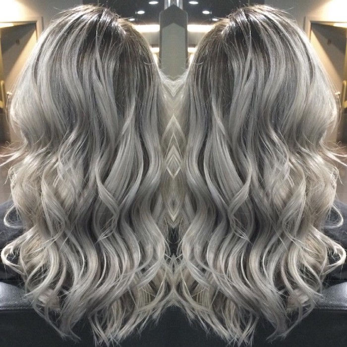 Haircolor Grey Silver - dva vogala navidezne navidezne frizure z dolgimi lasmi