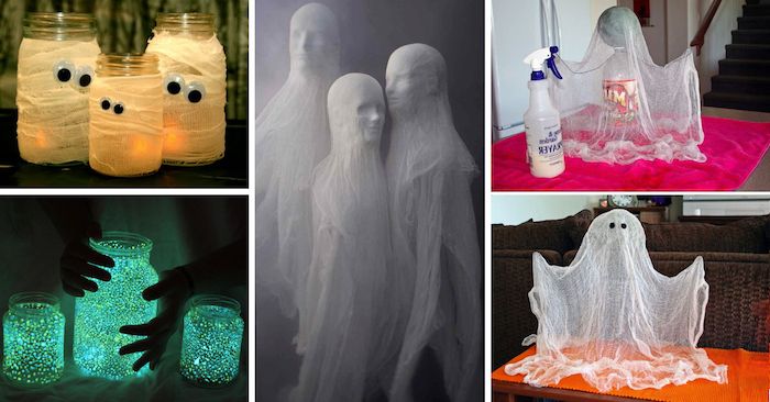 daugybės kūrybinių idėjų, susijusių su Halloween amatų vaiduokliais ir mumijomis, koliažas