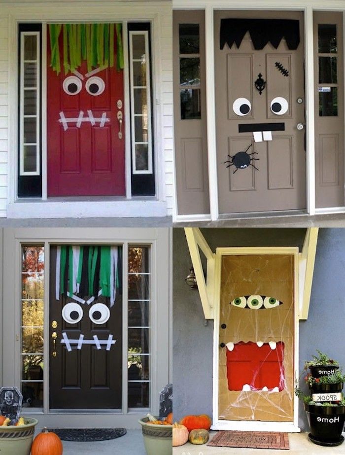 keturi kūrybingi dizainai, kaip papuošti duris į Helovyną - patys Halloween apdailos