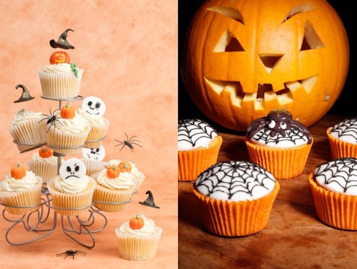 halloween oppskrifter, cupcakes med gresskar dekorert med krem ​​og fondant figurer