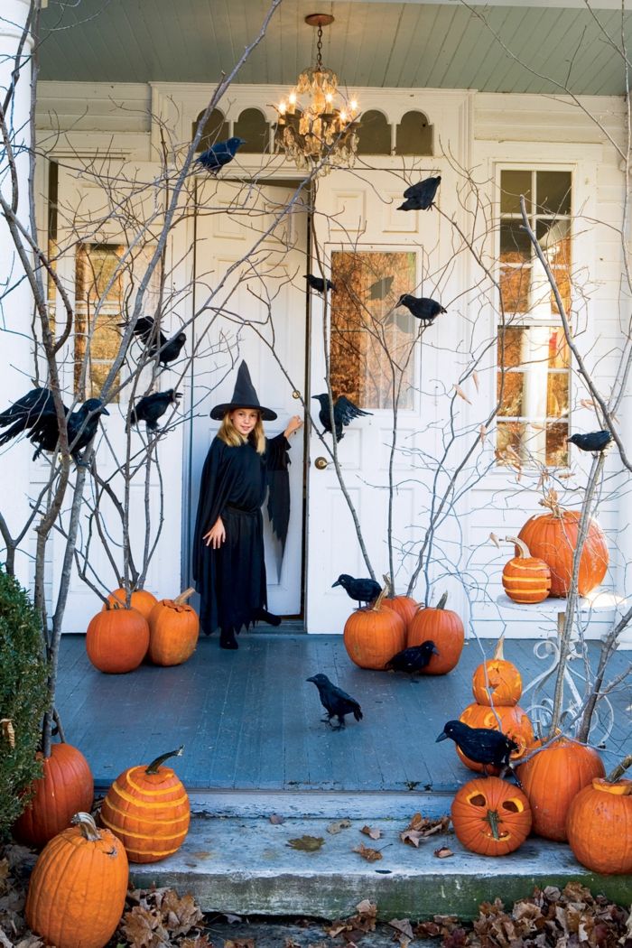Halloween apdaila, daugelis moliūgų ir varvių, šiek tiek ragana priešais duris, drožiniai moliūgai
