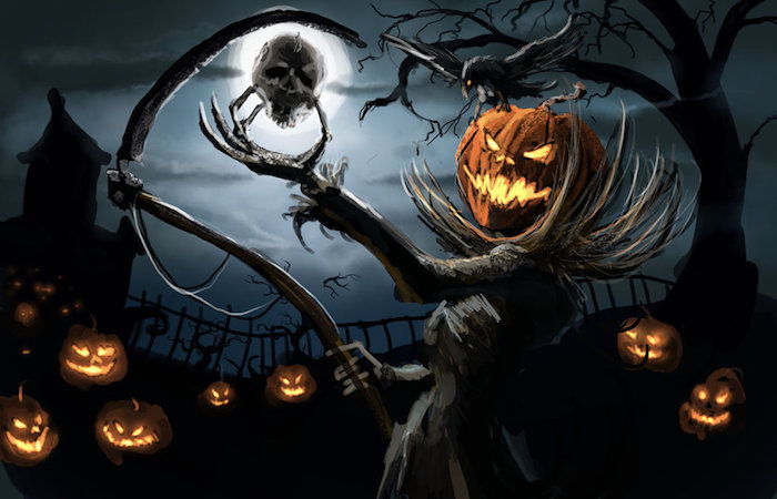 Um cara de abóbora da morte com o quadril da morte e um crânio na mão - imagens de Halloween assustadoras