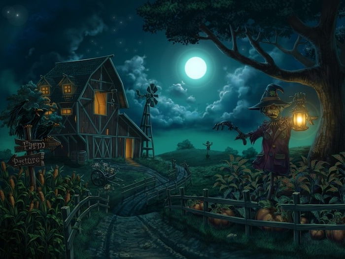 Bilder Halloween - et hus i mørket bevoktet av en halmdukkete