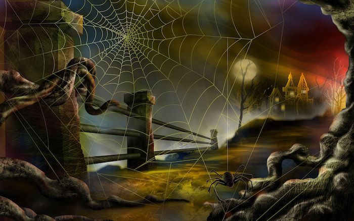 Imagens de Halloween uma teia de aranha e aranha, um castelo no fundo