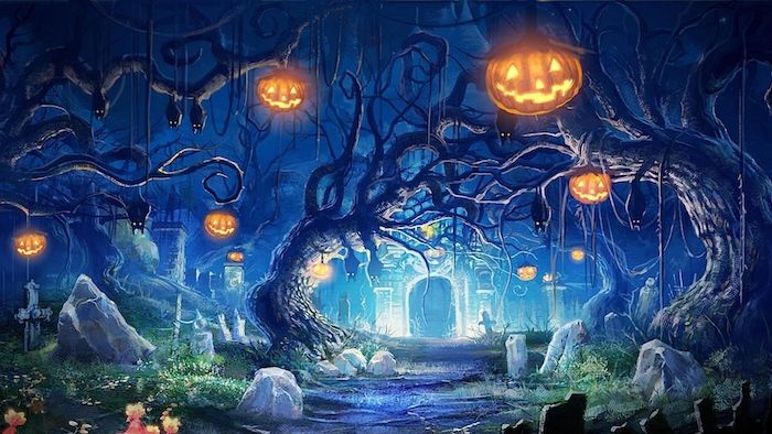 um cemitério com luz misteriosa, muitas abóboras de Halloween