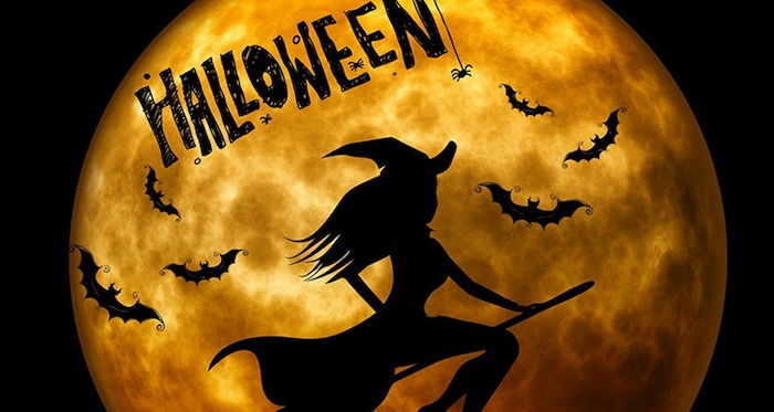 Halloween-volle maan en een heks met een heksbezem vliegt, een spin die hangt