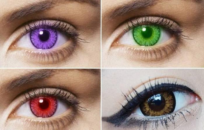 Dört renkte iris lensleri - mor, yeşil, kırmızı ve altın kahverengi, beyaz yüz cildi, kahverengi ten