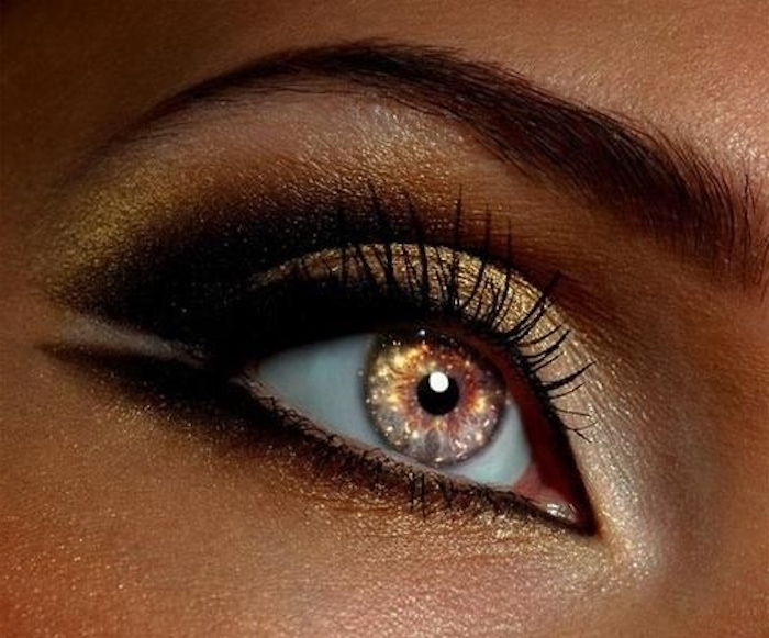 Sombra de olho em cor de ouro com brocado, delineador duplo, pele de cobre