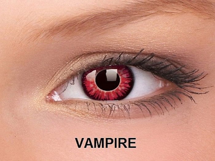 Mulher, com, vermelho, demonic, olhos, luz, maquiagem, vampiro, olhos, em, vermelho