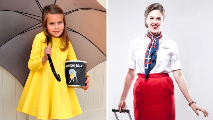 costume simple o tânără doamnă ca o stewardesă și o fată cu rochie galbenă