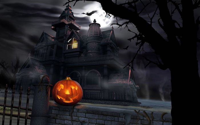 een griezelig kasteel en de volle maan, halloween pompoen - halloween achtergrond