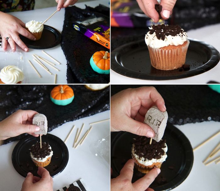decorar receitas de halloween, cupcakes, muffins de baunilha com creme e biscoitos