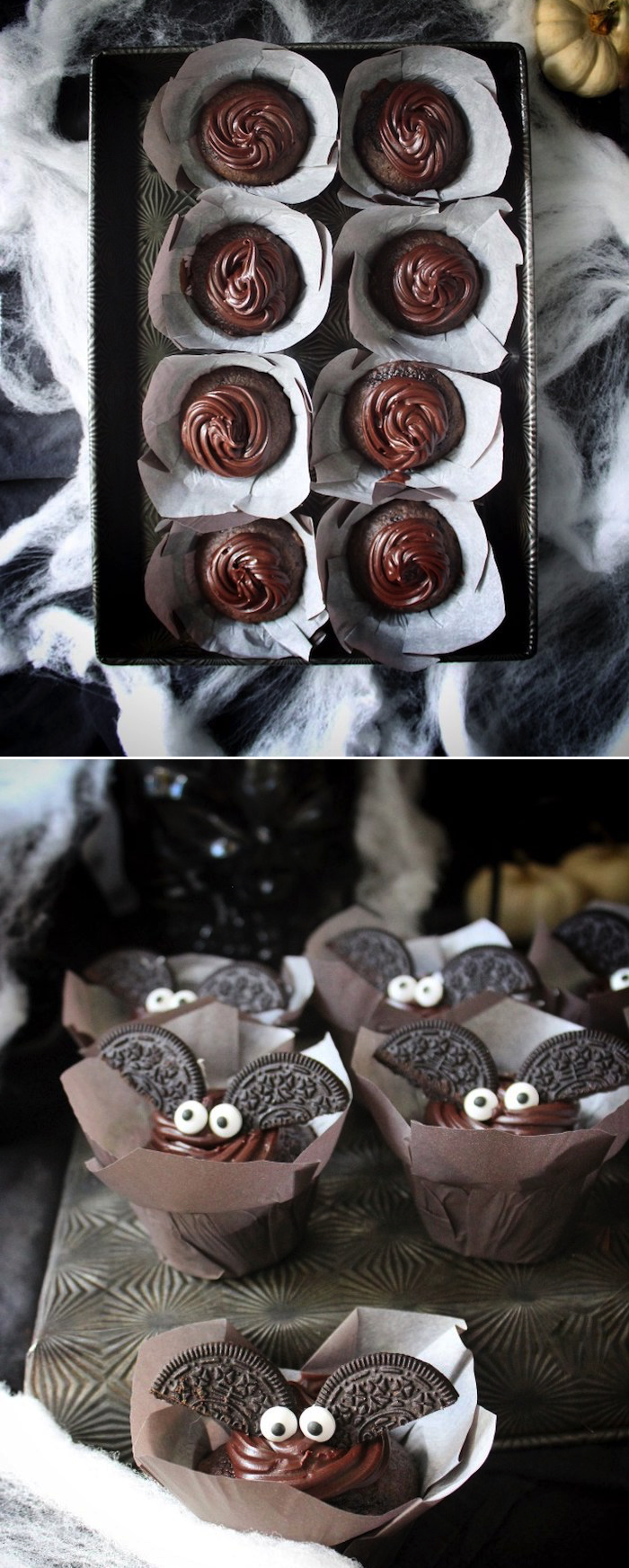receitas do dia das bruxas, cupcakes morcegos com chocolate e biscoitos oreo