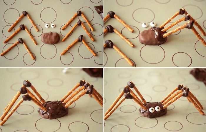 halloween oppskrifter, praline edderkopp med ben av saltpinner og sjokolade øyne