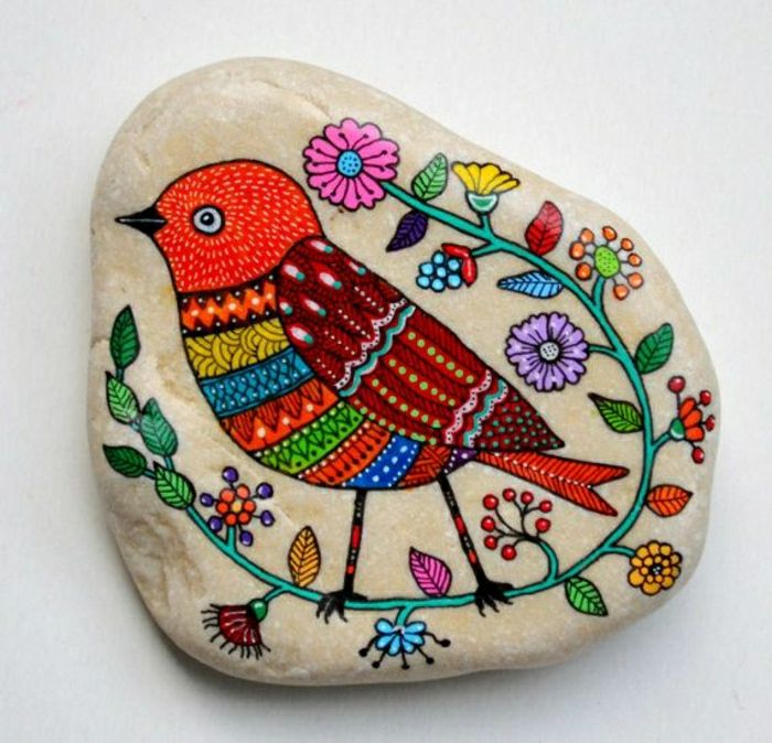 Håndmalt Stone Bird Flower Tegning