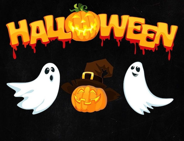 Lag Halloween-bakgrunnen selv med to spøkelser og halloween gresskar