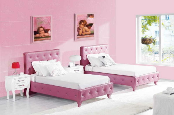 luminoase de culoare de perete-pentru-dormitor roz-nuanțelor-două paturi