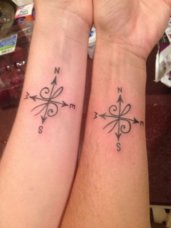 Oto dwie ręce z dwoma eleganckimi czarnymi tatuażami z dwoma kompasami na nadgarstku