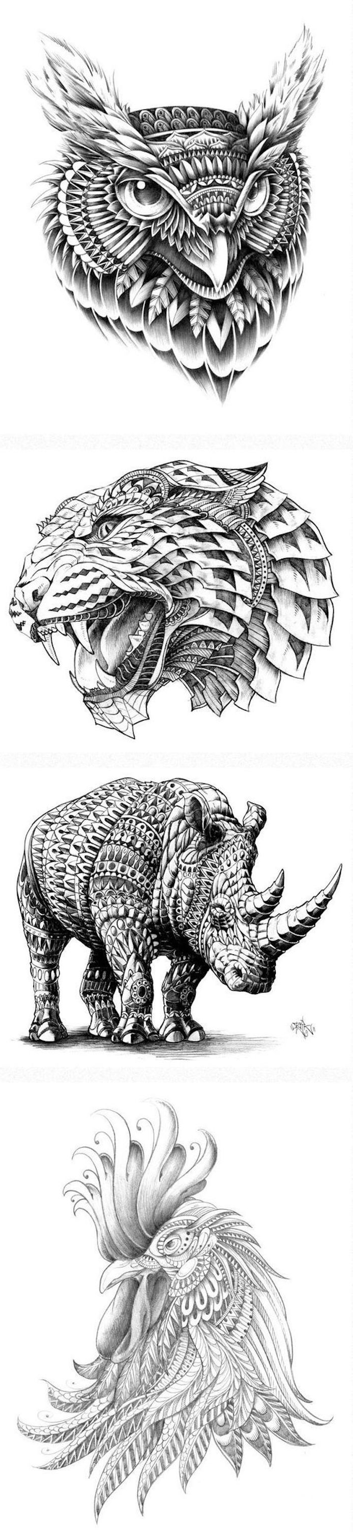 Aici veți găsi patru idei pentru tatuajele negre mari - un uhu, un leopard, un rinocer și un cocoș
