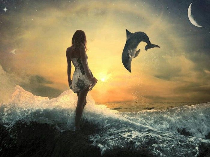 delfinbilder - her er et eventyrbilde med en ung fraz, en stormåne, solnedgang, små stjerner, et hav, bølger og en grå delfin