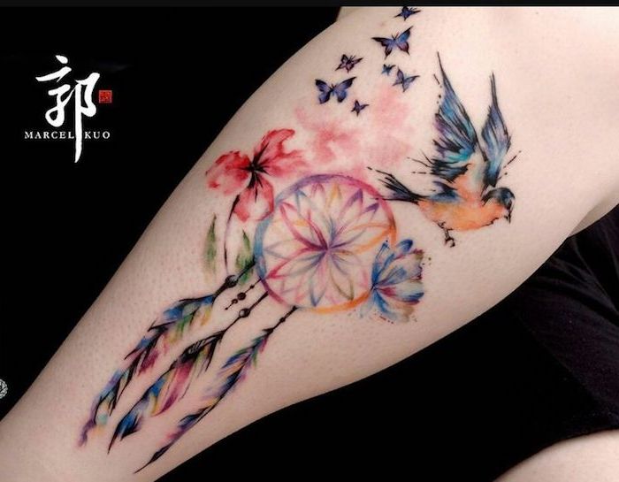 Ora troverai un'idea per un tatuaggio acquarello colorato da favola con farfalle viola, acchiappasogni, piume colorate, un uccellino e due fiori
